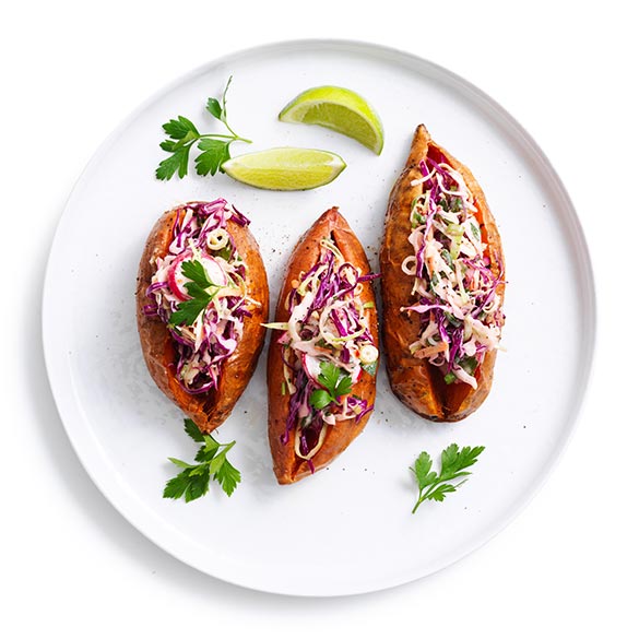 Split, stuff and share! Try our sweet potatoes split - with mexican slaw.